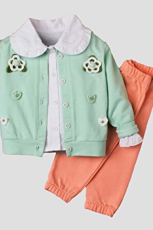 El Örmesi Çiçekli Pamuklu Hırka Gömlek Ve Alt Bebek Takımı