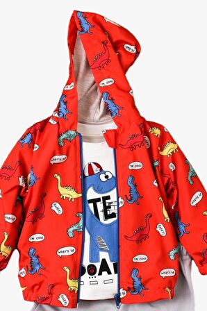 Dinazor Desenli Kapüşonlu İçi Pamuklu yağmurluk Bebek Takımı