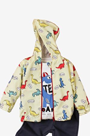 Dinazor Desenli Kapüşonlu İçi Pamuklu yağmurluk Bebek Takımı