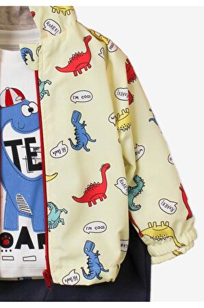 Dinazor Desenli Kapüşonlu İçi Pamuklu yağmurluk Bebek Takımı