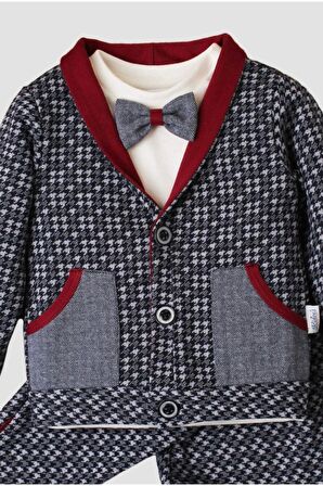 %100 pamuklu ekose hırkalı papyonlu cepli erkek bebek takımı doğum günü düğün nişan