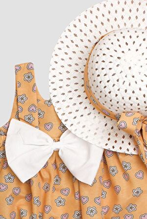 Şapkalı Kalpli ve  Çiçek Desenli  Kız Bebek Elbisesi