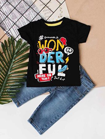 Yazı Baskılı Tişört Ve Kot  Pantolon 2'li Takım