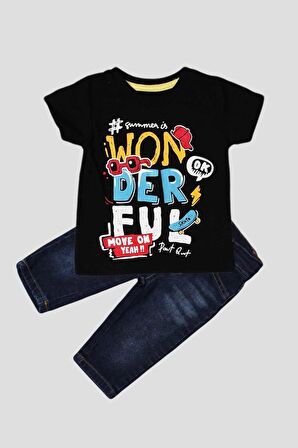 Yazı Baskılı Tişört Ve Kot  Pantolon 2'li Takım