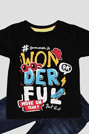 Yazı Baskılı Tişört Ve Kot  Pantolon 2'li Takım