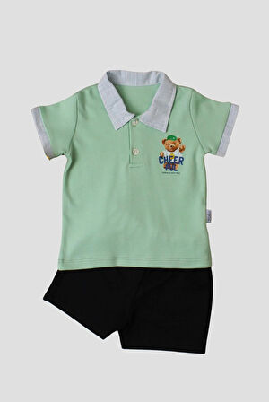 Tatlı Ayıcık Desenli Yaka Detaylı 2'li Alt Üst Takım