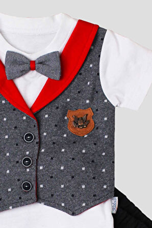 Puantiyeli Mobil Yelekli Şal Yakalı Düğün Sünnet Erkek 2'li Alt Üst Takım