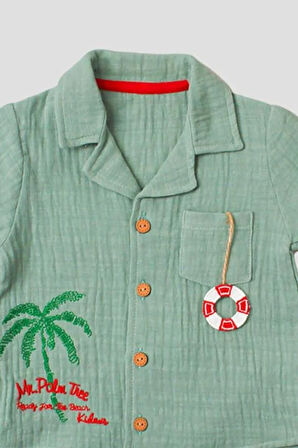 Palmiye Nakışlı Müslin Erkek 2'li Gömlek Alt Üst Takım