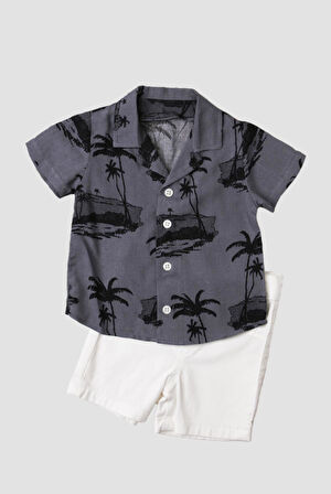 Palmiye Plaj Desenli Düğün Cemiyet Erkek 2'li Gömlek Alt Üst Takım