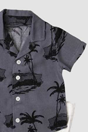 Palmiye Plaj Desenli Düğün Cemiyet Erkek 2'li Gömlek Alt Üst Takım