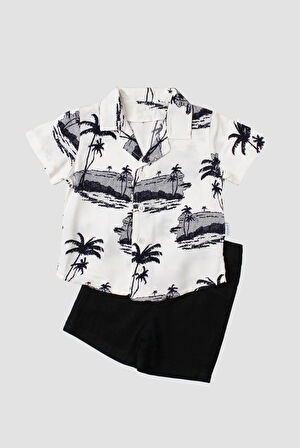 Palmiye Plaj Desenli Düğün Cemiyet Erkek 2'li Gömlek Alt Üst Takım