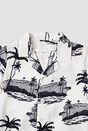 Palmiye Plaj Desenli Düğün Cemiyet Erkek 2'li Gömlek Alt Üst Takım