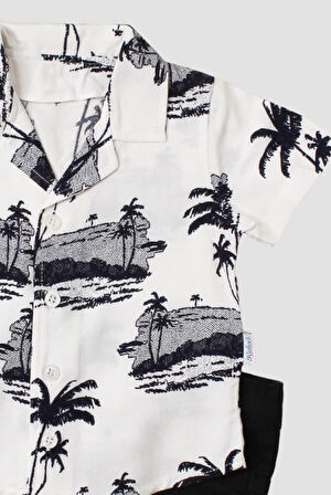 Palmiye Plaj Desenli Düğün Cemiyet Erkek 2'li Gömlek Alt Üst Takım