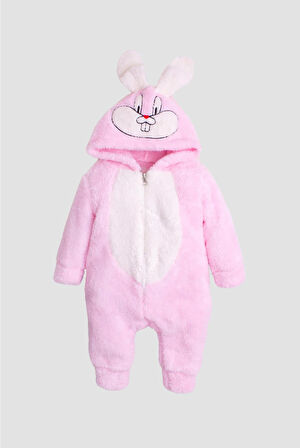 KışlıkTatlı Peluş Tavşan Nakışlı Kapüşonlu Welsoft  Tulum