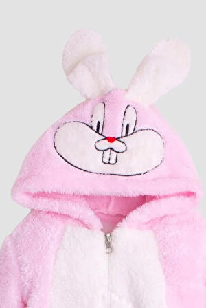 KışlıkTatlı Peluş Tavşan Nakışlı Kapüşonlu Welsoft  Tulum