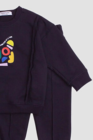 Dikiş Detaylı Şekil Baskılı Oversize  Alt Üst Bebek Çocuk Eşorfman Takımı