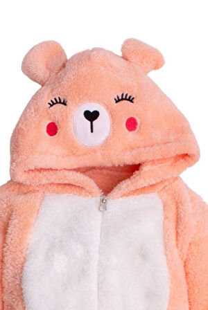 Kışlık Tatlı Peluş Kapüşonlu Ayıcık Nakışlı Bebek Çocuk Welsoft Tulum