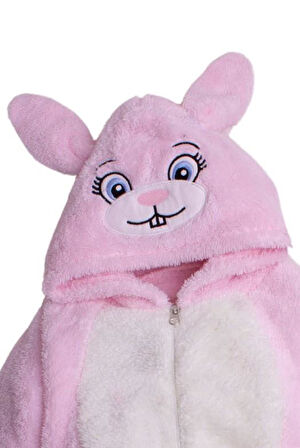 Kışlık Tatlı Peluş Kapüşonlu Tavşan Nakışlı Bebek Çocuk Welsoft Tulum