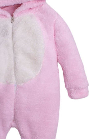 Kışlık Tatlı Peluş Kapüşonlu Tavşan Nakışlı Bebek Çocuk Welsoft Tulum