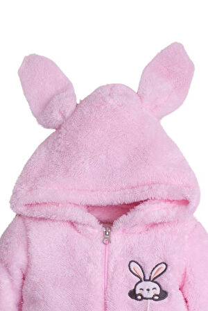 Kışlık Tatlı Peluş Pamuklu Tavşan Nakışlı Havuç Detaylı Kapüşonlu Welsoft Tulum