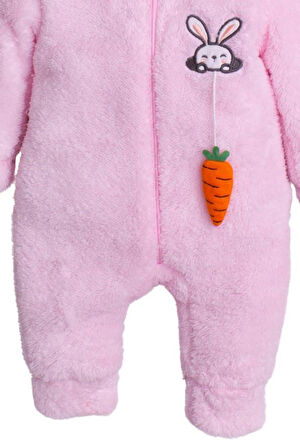 Kışlık Tatlı Peluş Pamuklu Tavşan Nakışlı Havuç Detaylı Kapüşonlu Welsoft Tulum