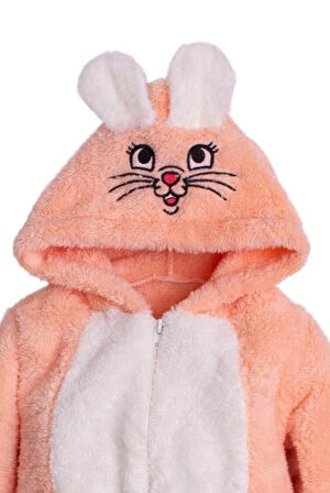 Kışlık Tatlı Peluş Pamuklu Tavşan Nakışlı Kapüşonlu Welsoft Tulum