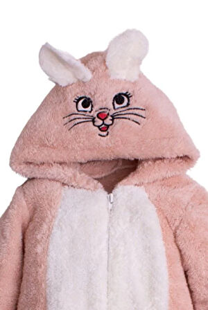 Kışlık Tatlı Peluş Pamuklu Tavşan Nakışlı Kapüşonlu Welsoft Tulum