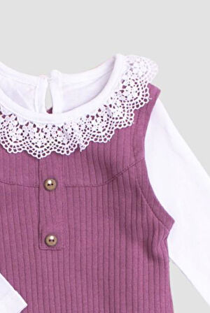 Waffle Görselli İç Badili Tatlı Dantel Detaylı  Esnek Pamuklu Bebek 2'liTulum