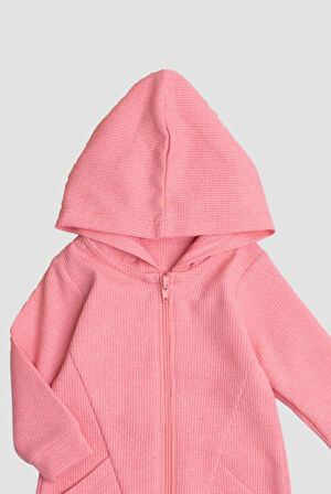 Waffle Görselli Tatlı Fermuar Kapamalı Cepli Kapüşonlu Pamuklu Bebek Tulum