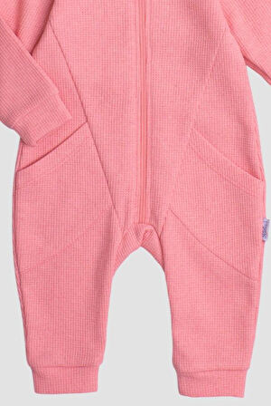 Waffle Görselli Tatlı Fermuar Kapamalı Cepli Kapüşonlu Pamuklu Bebek Tulum