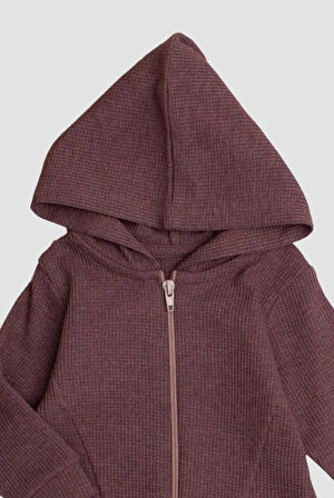 Waffle Görselli Tatlı Fermuar Kapamalı Cepli Kapüşonlu Pamuklu Bebek Tulum