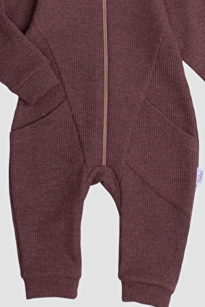 Waffle Görselli Tatlı Fermuar Kapamalı Cepli Kapüşonlu Pamuklu Bebek Tulum