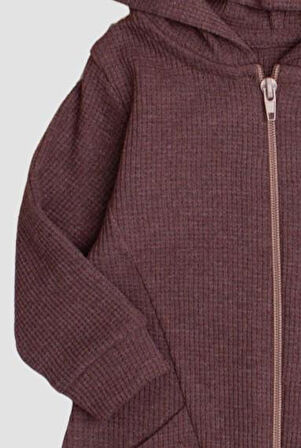 Waffle Görselli Tatlı Fermuar Kapamalı Cepli Kapüşonlu Pamuklu Bebek Tulum