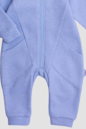 Waffle Görselli Tatlı Fermuar Kapamalı Cepli Kapüşonlu Pamuklu Bebek Tulum