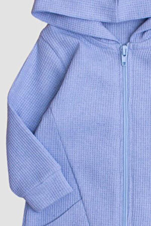 Waffle Görselli Tatlı Fermuar Kapamalı Cepli Kapüşonlu Pamuklu Bebek Tulum