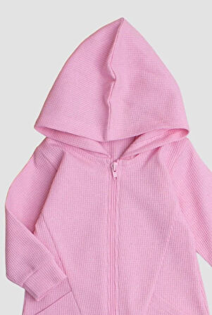 Waffle Görselli Tatlı Fermuar Kapamalı Cepli Kapüşonlu Pamuklu Bebek Tulum