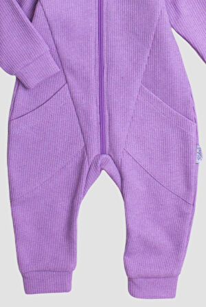 Waffle Görselli Tatlı Fermuar Kapamalı Cepli Kapüşonlu Pamuklu Bebek Tulum