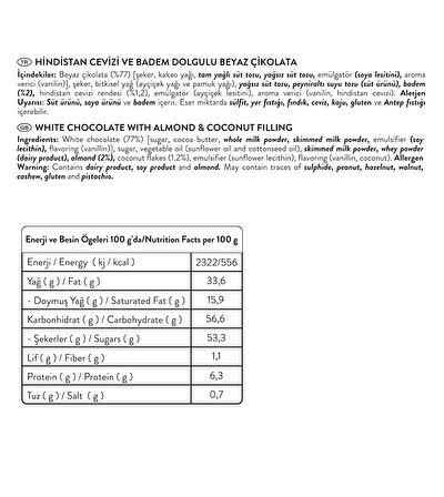 Hindistan Cevizi ve Badem Dolgulu Beyaz Çikolata 100g