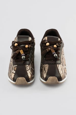 Kadın Sneaker Yılan Desenli Bağcıklı Spor Ayakkabı Veska Kahverengi