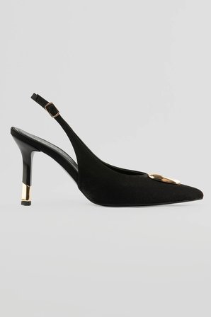 Kadın Saten Stiletto Sivri Burun Gold Detaylı Arkası Açık Topuklu Ayakkabı Veluna Siyah