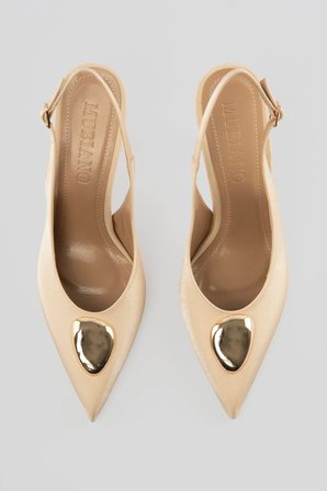 Kadın Saten Stiletto Sivri Burun Gold Detaylı Arkası Açık Topuklu Ayakkabı Veluna Bej