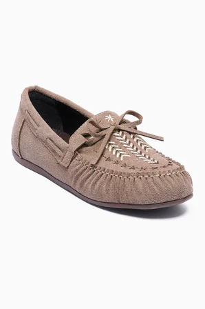 Kadın Süet Loafer Nakışlı Bağcıklı Ayakkabı Talina Vizon
