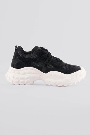 Kadın Sneaker Kalın Taban Yılan Baskı Detaylı Bağcıklı Spor Ayakkabı Stellix Siyah