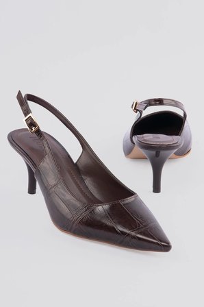 Kadın Stiletto Sivri Burun Kroko Desenli Arkası Açık Topuklu Ayakkabı Torella Kahverengi