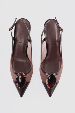Kadın Stiletto Sivri Burun Fileli Oval Aksesuar Detaylı Arkası Açık Topuklu Ayakkabı Zanvera Kahverengi