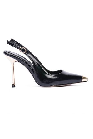 Kadın Stiletto Sivri Burun Metal Burun Detaylı Arkası Açık Topuklu Ayakkabı Violeta Siyah
