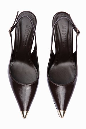 Kadın Stiletto Sivri Burun Metal Burun Detaylı Arkası Açık Topuklu Ayakkabı Violeta Kahverengi