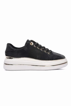 Kadın Sneaker Kadife Desenli Gold Detaylı Kalın Tabanlı Spor Ayakkabı Lilium Siyah
