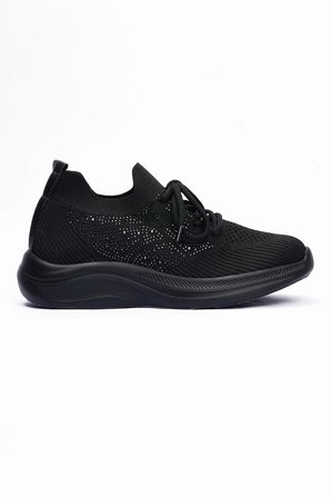 Kadın Triko Sneaker Taş Detaylı Hafif Konfor Taban Bağcıklı Günlük Spor Ayakkabı Viola Siyah