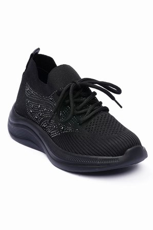 Kadın Triko Sneaker Taş Detaylı Hafif Konfor Taban Bağcıklı Günlük Spor Ayakkabı Viola Siyah